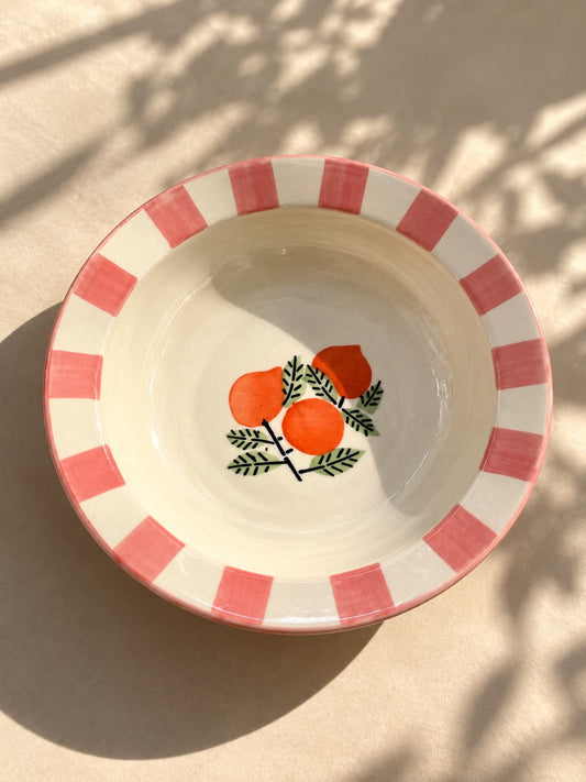 Handcrafted Orange Ceramic Breakfast Set | Mug & Bowl Combo | Hand-Painted Pink Stripe Set