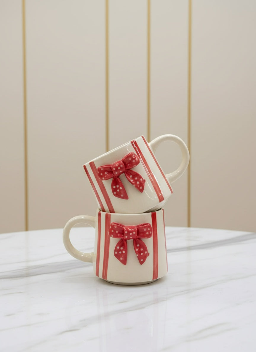 Red Bow Ceramic Mug | Handcrafted Artisan Gift for Tea & Coffee
