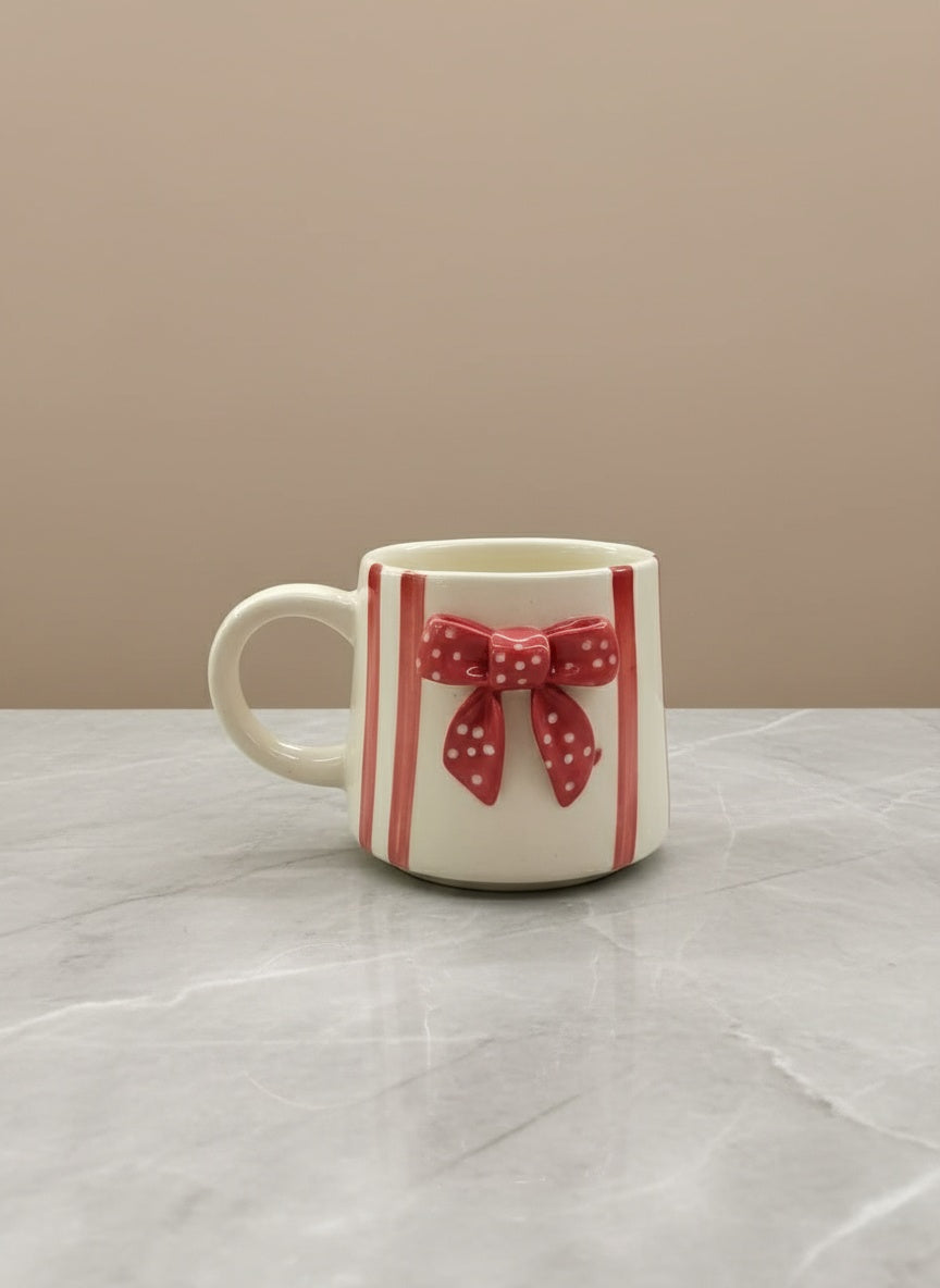 Red Bow Ceramic Mug | Handcrafted Artisan Gift for Tea & Coffee