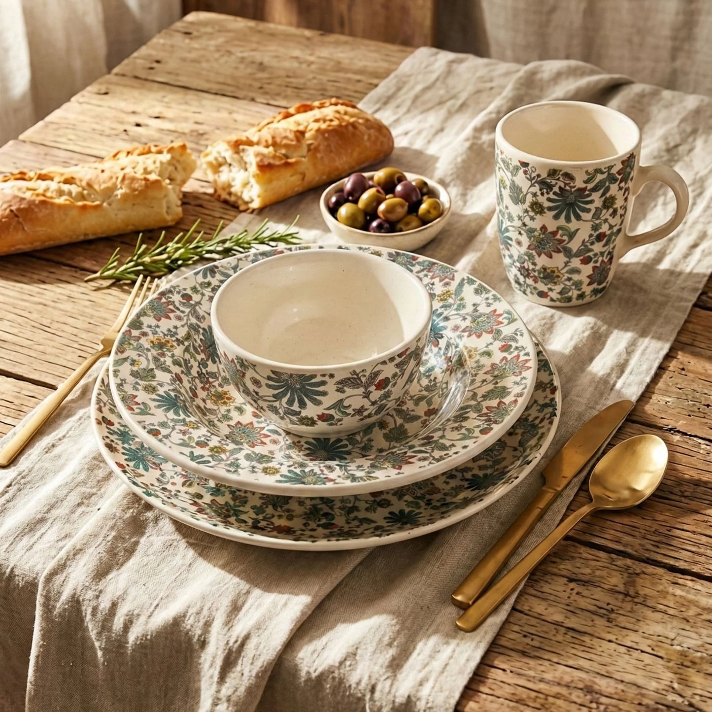 Handcrafted Floral Ceramic Breakfast & Pasta Set (4-Piece)