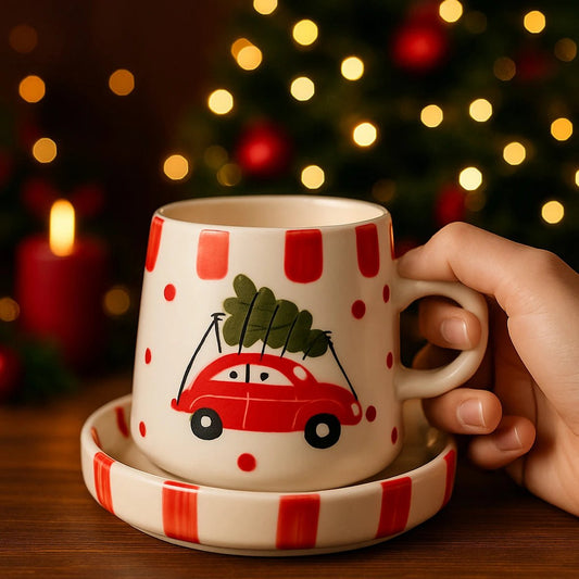 Christmas Hand - Painted Ceramic Mug & Saucer Set – Limited Edition | Handcrafted by CHAAK DESIGN