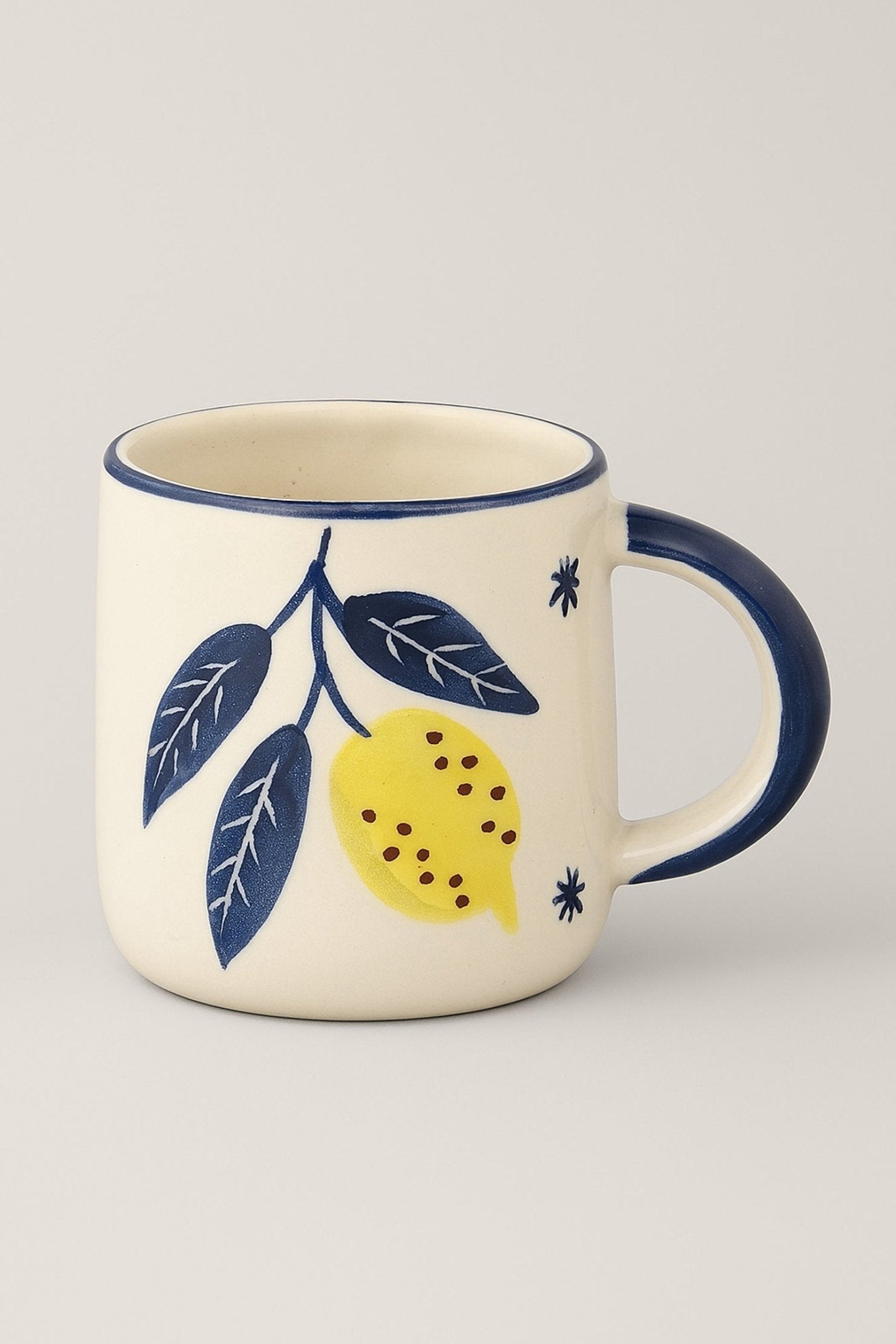 Hand - Painted Lemon Ceramic Mug – 300 ml Coffee & Tea Cup with Blue Handle | Handcrafted by CHAAK DESIGN