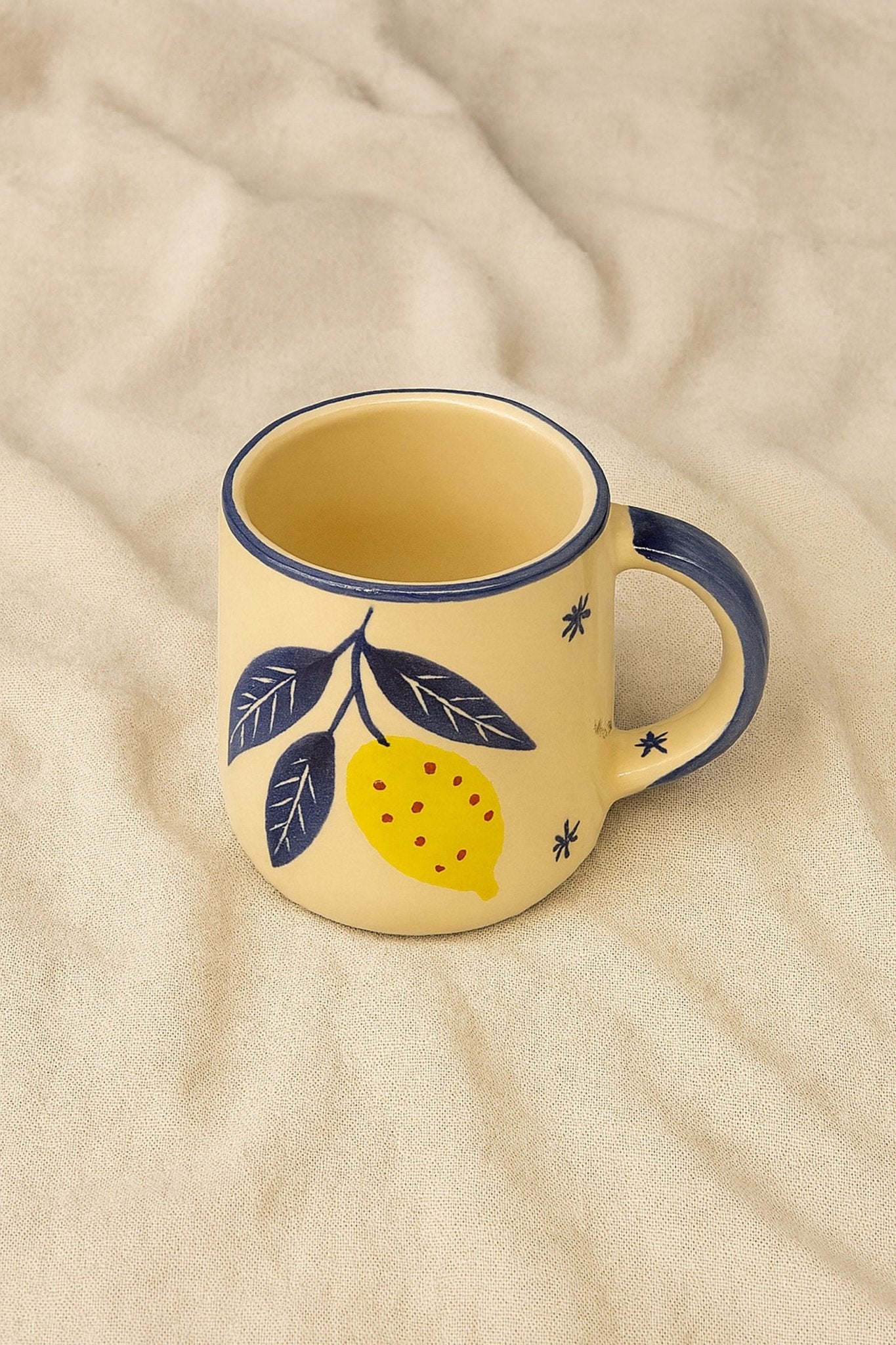 Hand - Painted Lemon Ceramic Mug – 300 ml Coffee & Tea Cup with Blue Handle | Handcrafted by CHAAK DESIGN