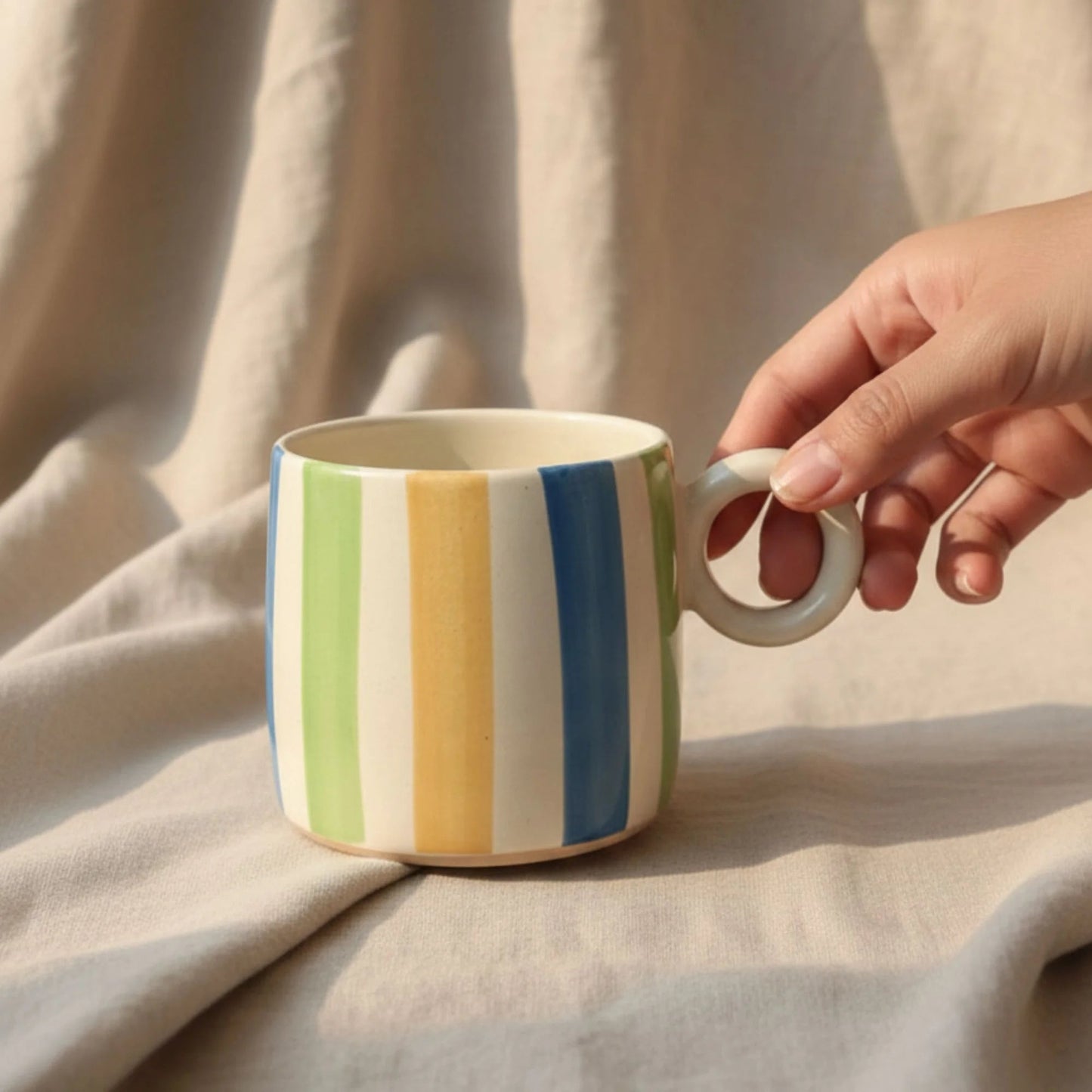 Hand - Painted Striped Ceramic Mug | Multicolour Artisan Coffee & Tea Cup | Handcrafted by CHAAK DESIGN