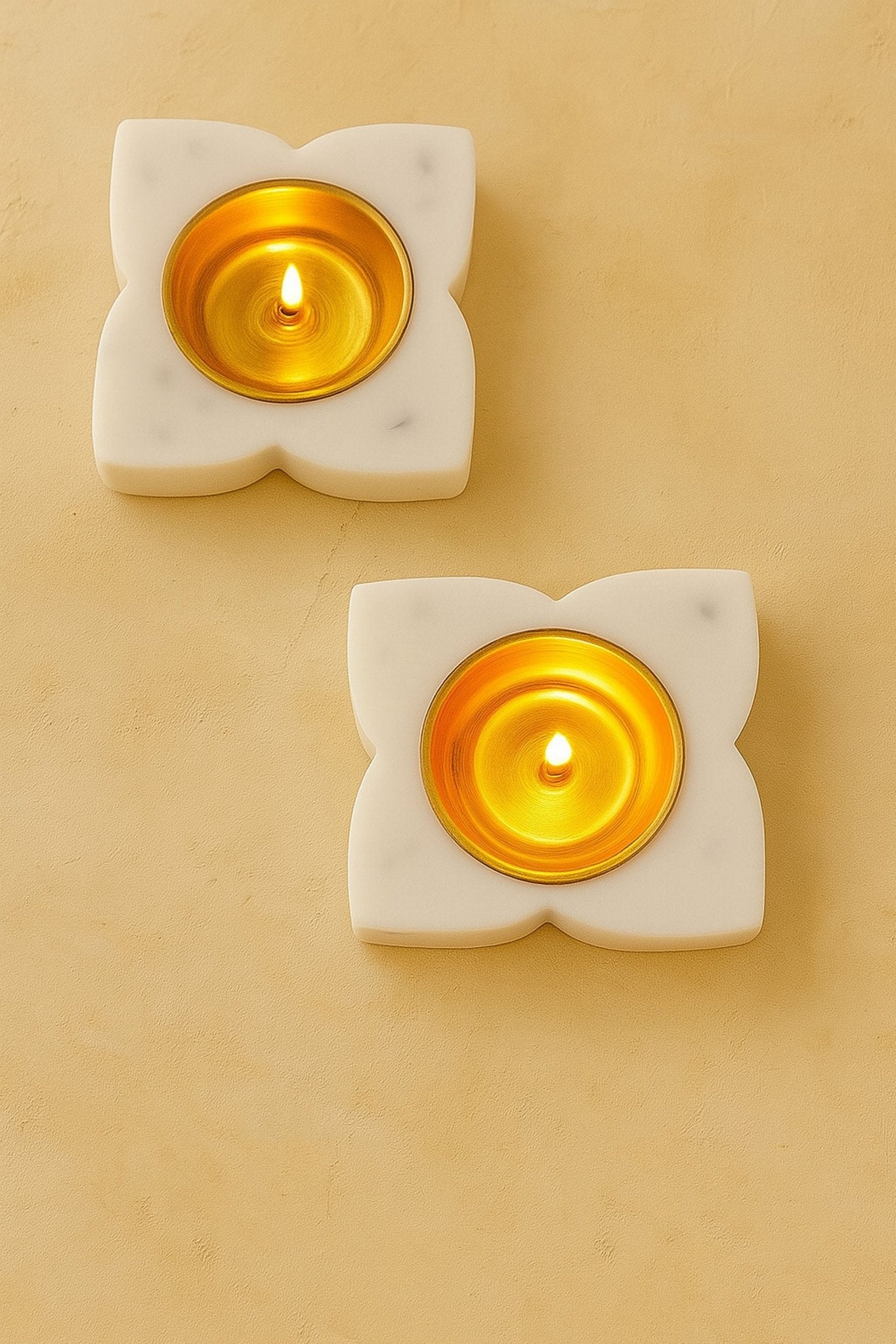 Handcrafted Floral Marble & Brass Diyas – Set of 2 | Luxury Tea Light Holders for Home Décor, Pooja, and Festive Decoration | Premium Handmade White Marble Diwali Diyas for Gifting & Mandir Use | Handcrafted by CHAAK DESIGN
