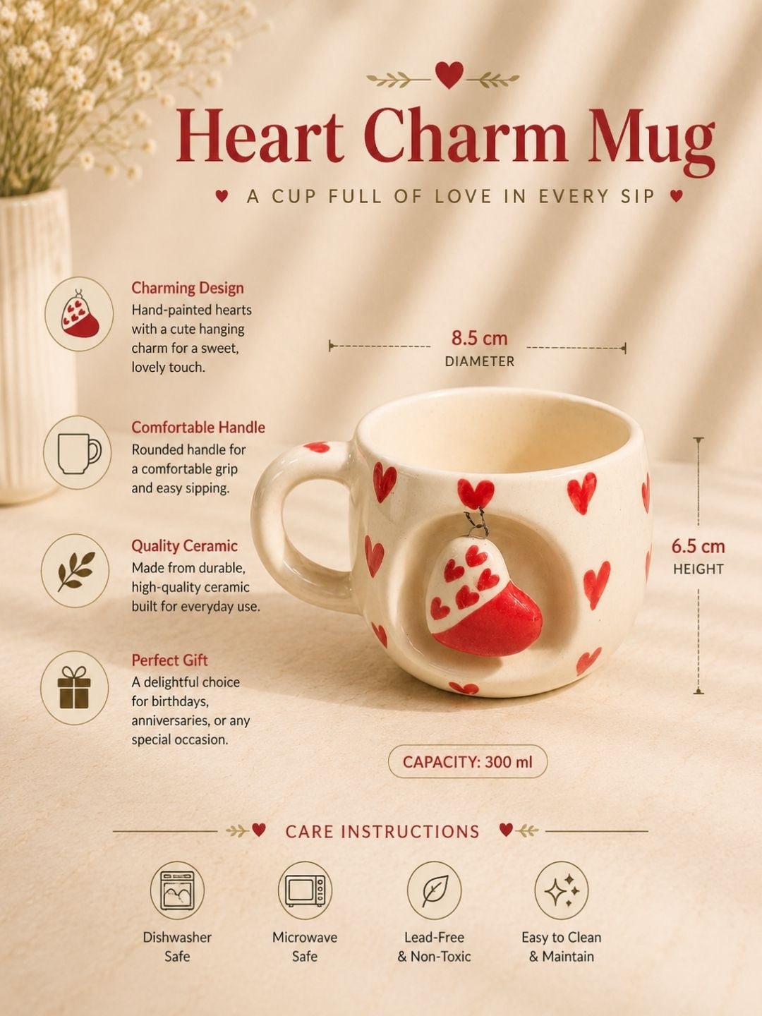 Handcrafted Heart Charm Ceramic Coffee Mug | Cute Hand-Painted Love Mug | Artisan Tea & Coffee Mug | 300 ml | Handcrafted by CHAAK DESIGN