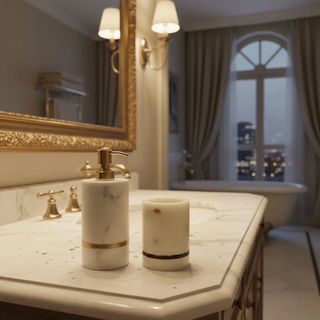 Handcrafted Marble Soap Dispenser Set with pure brass inlay | Luxury Bathroom Accessories | Handcrafted by CHAAK DESIGN