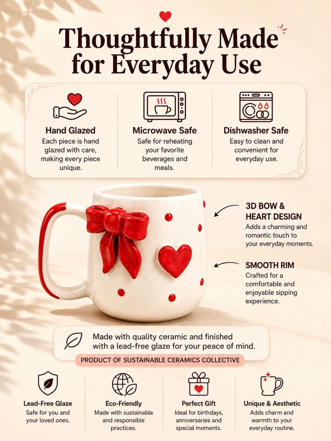 Handcrafted Red Bow Ceramic Coffee Mug | Cute Heart Tea & Coffee Mug | Hand-Painted Artisan Mug | 300 ml | Handcrafted by CHAAK DESIGN