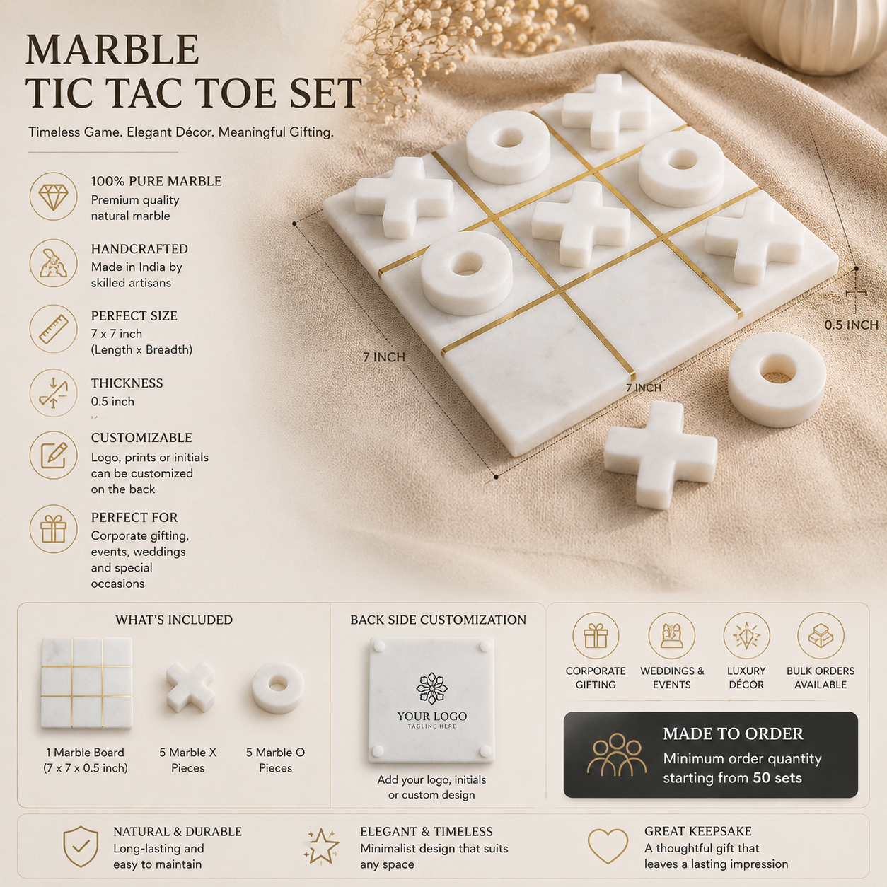Custom marble tic tac toe set with logo personalization for bulk corporate gifting by Chaak Design
