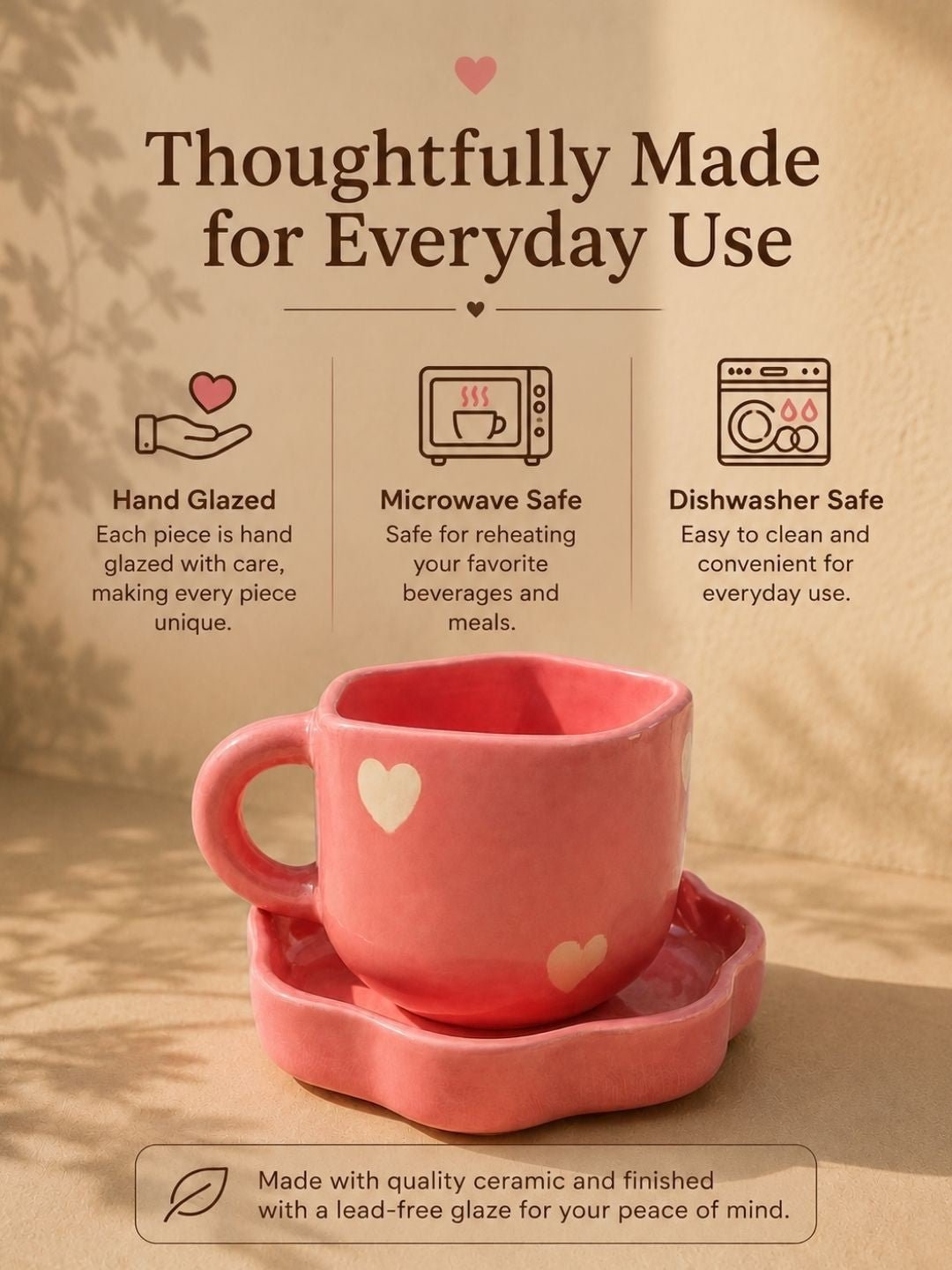 Pink Heart Ceramic Coffee Cup & Saucer Set – Cute Mug for Coffee, Tea & Gifts | Handcrafted by CHAAK DESIGN