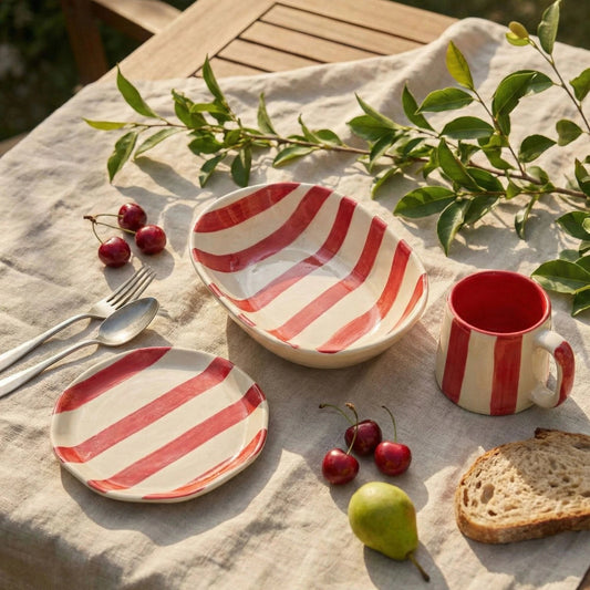 Red Stripe Handcrafted Ceramic Tableware Set (Plate, Serving Plate & Mug) | Handcrafted by CHAAK DESIGN