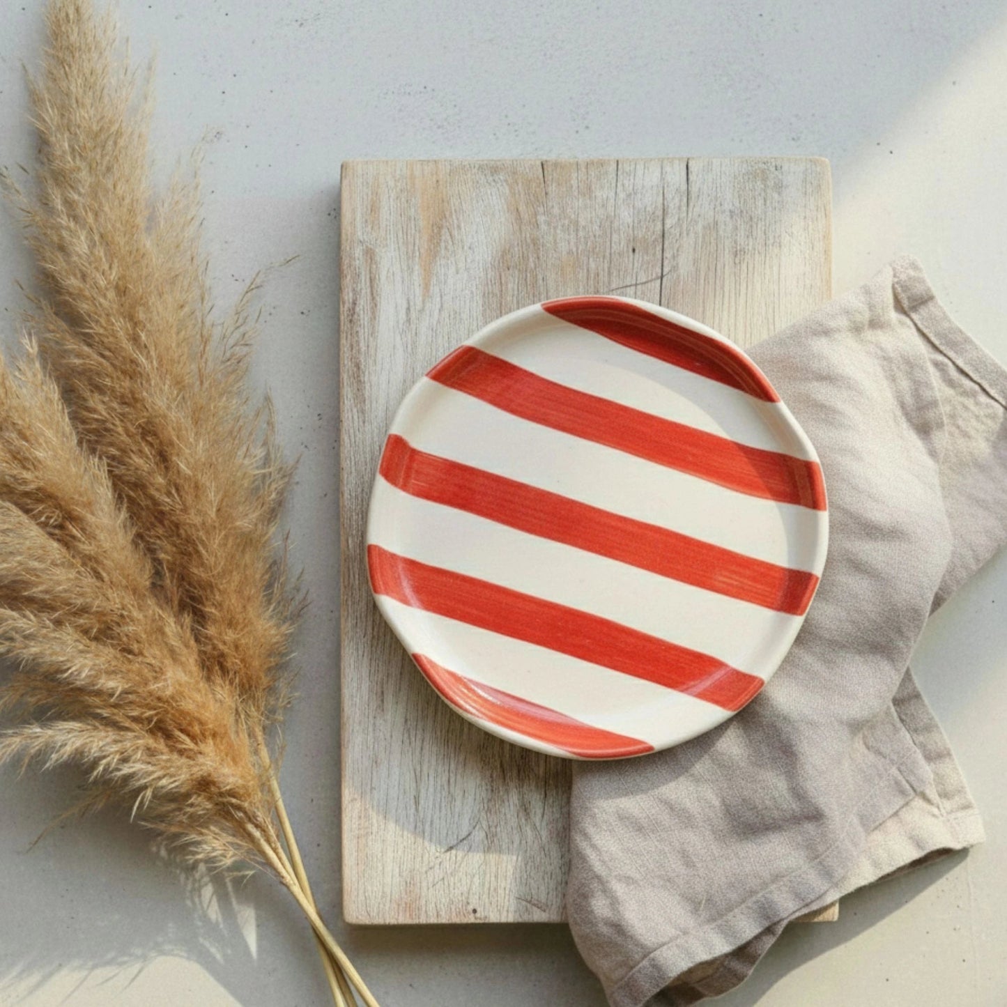 Red Stripe Handcrafted Ceramic Tableware Set (Plate, Serving Plate & Mug) | Handcrafted by CHAAK DESIGN