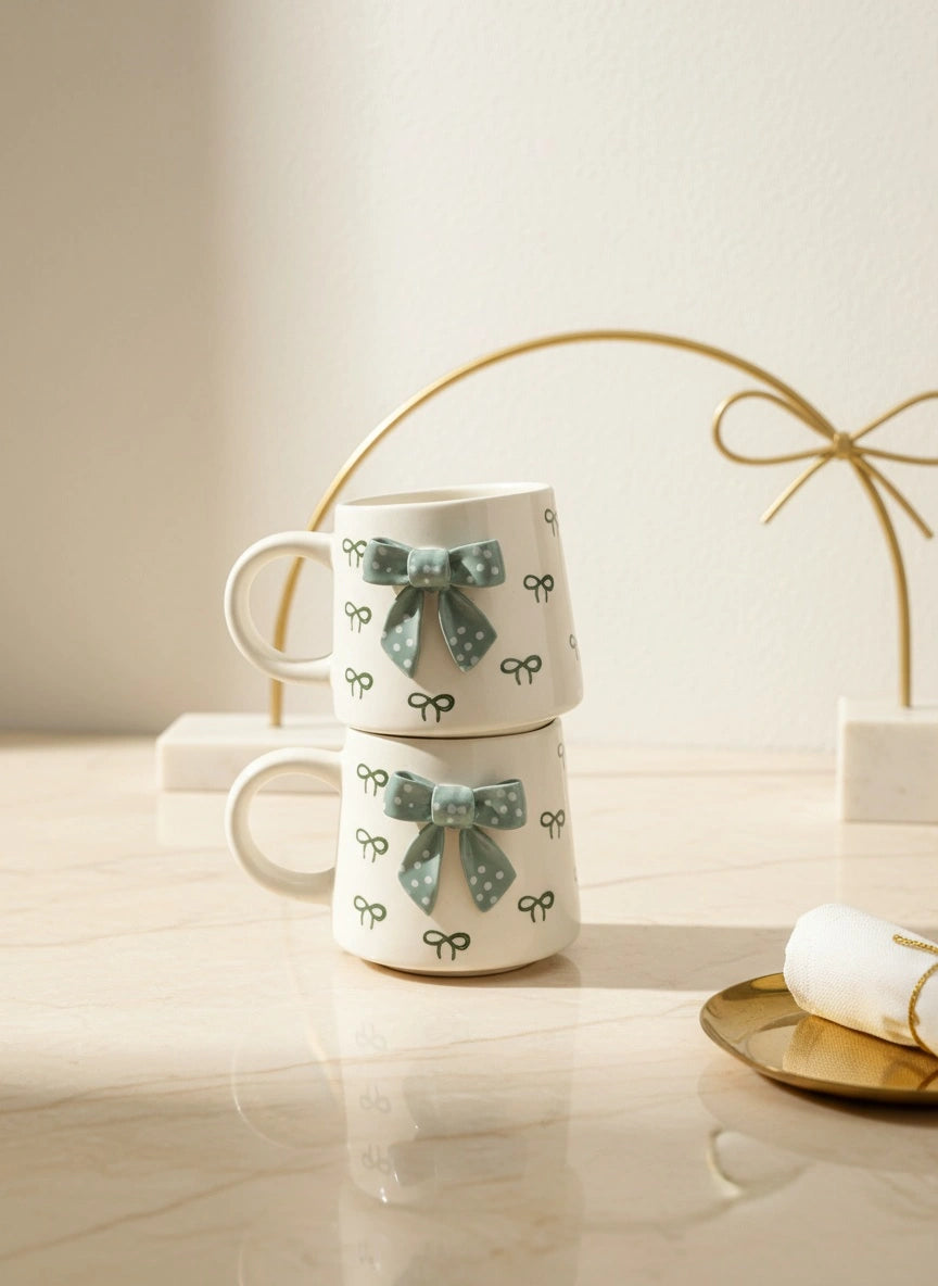 Handcrafted Ceramic Mug with Bow Design | Luxury Artisan Tableware