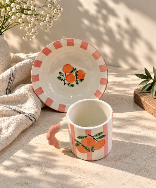 Handcrafted Orange Ceramic Breakfast Set | Mug & Bowl Combo | Hand-Painted Pink Stripe Set