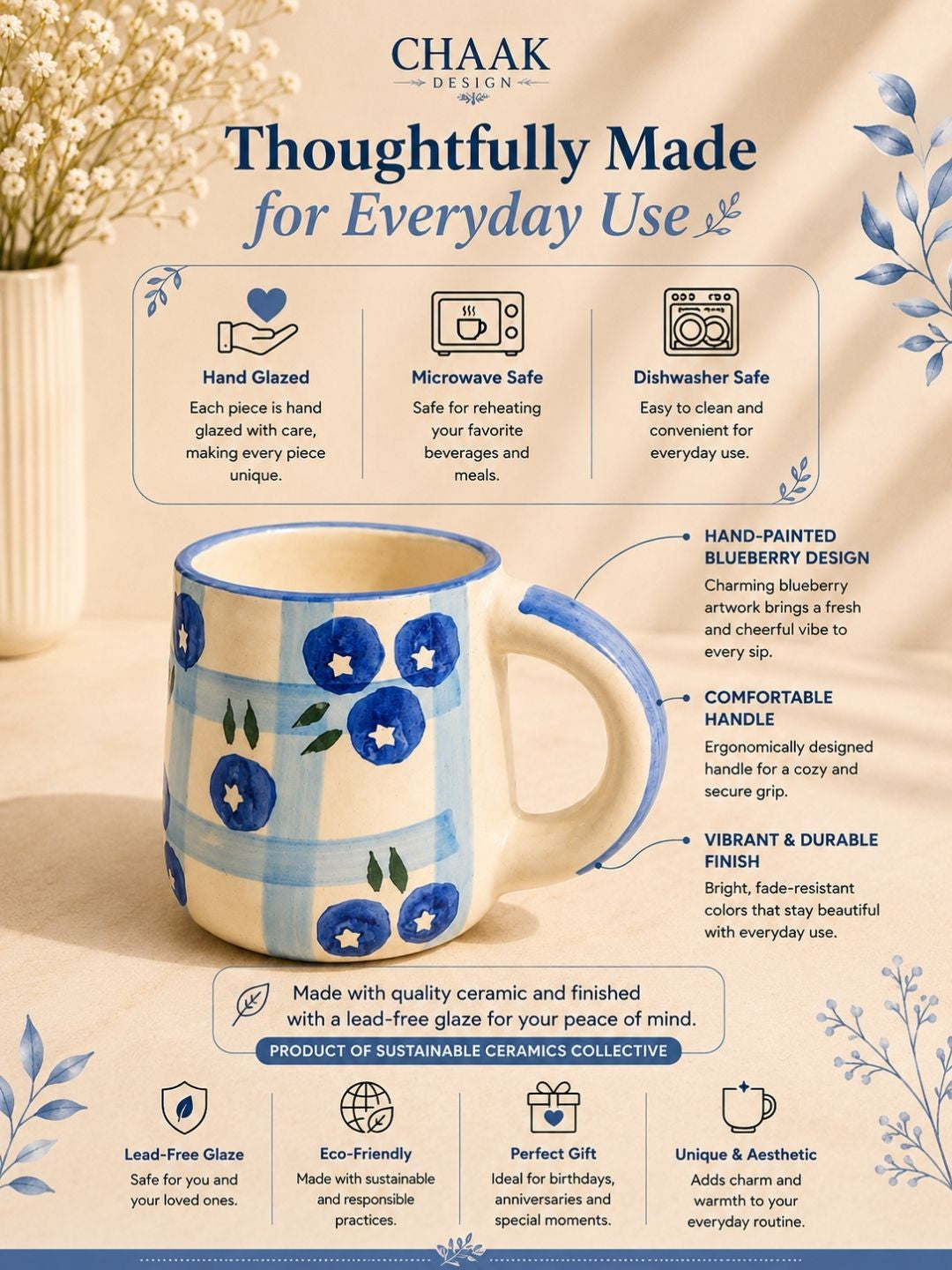 Premium handcrafted ceramic mug from the Khurja Pottery Cluster with blueberry design and blue detailing.