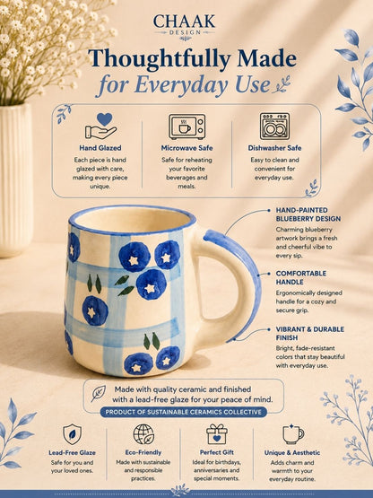 Premium handcrafted ceramic mug from the Khurja Pottery Cluster with blueberry design and blue detailing.
