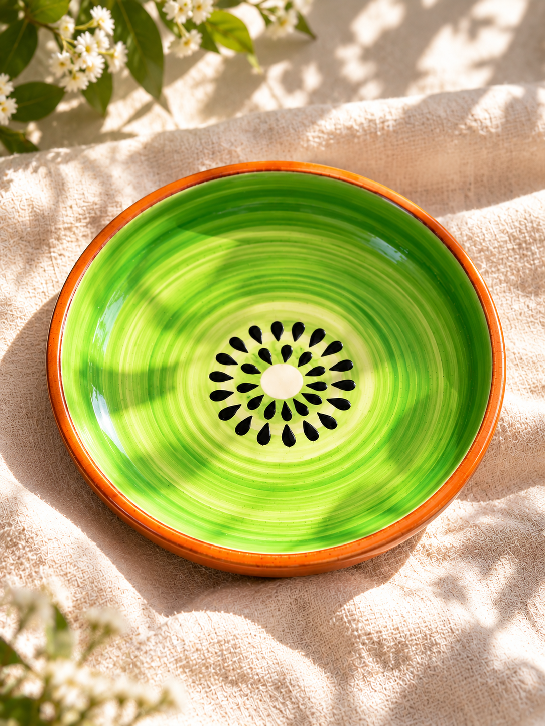 Hand-Painted Kiwi Mini Dessert Plate | Coaster-Size Ceramic Sweet & Snack Plate with Orange Rim