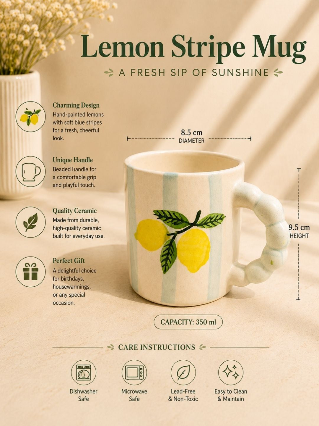 Premium handcrafted ceramic mug from the Khurja Pottery Cluster featuring lemon artwork and blue stripes.