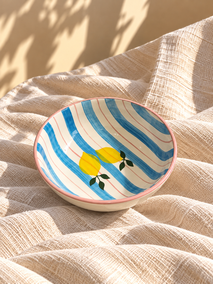 Hand-Painted Lemon Ceramic Breakfast Set | Bubble Tumbler & 2 Bowls | Blue Stripe Mediterranean Tableware