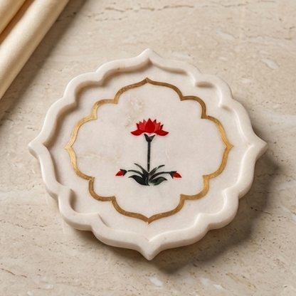 Handcrafted white marble tray with floral stone inlay work on green stone base by Chaak Design