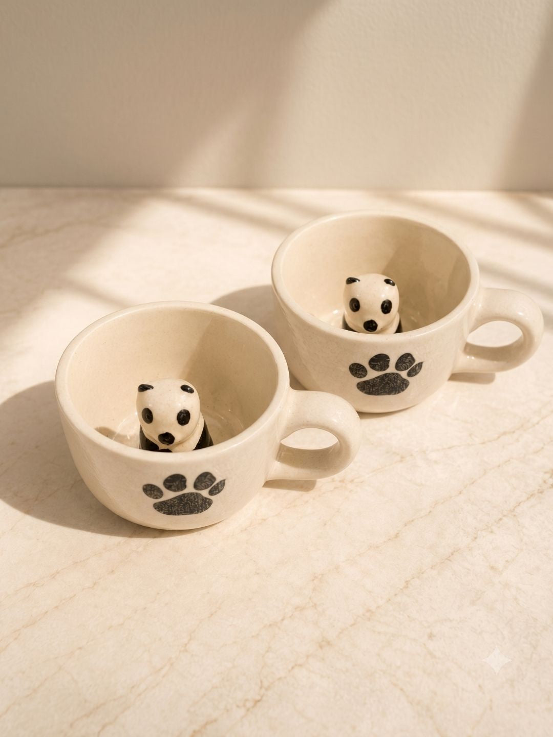 Two small ceramic cups with panda figures inside on a textured surface.