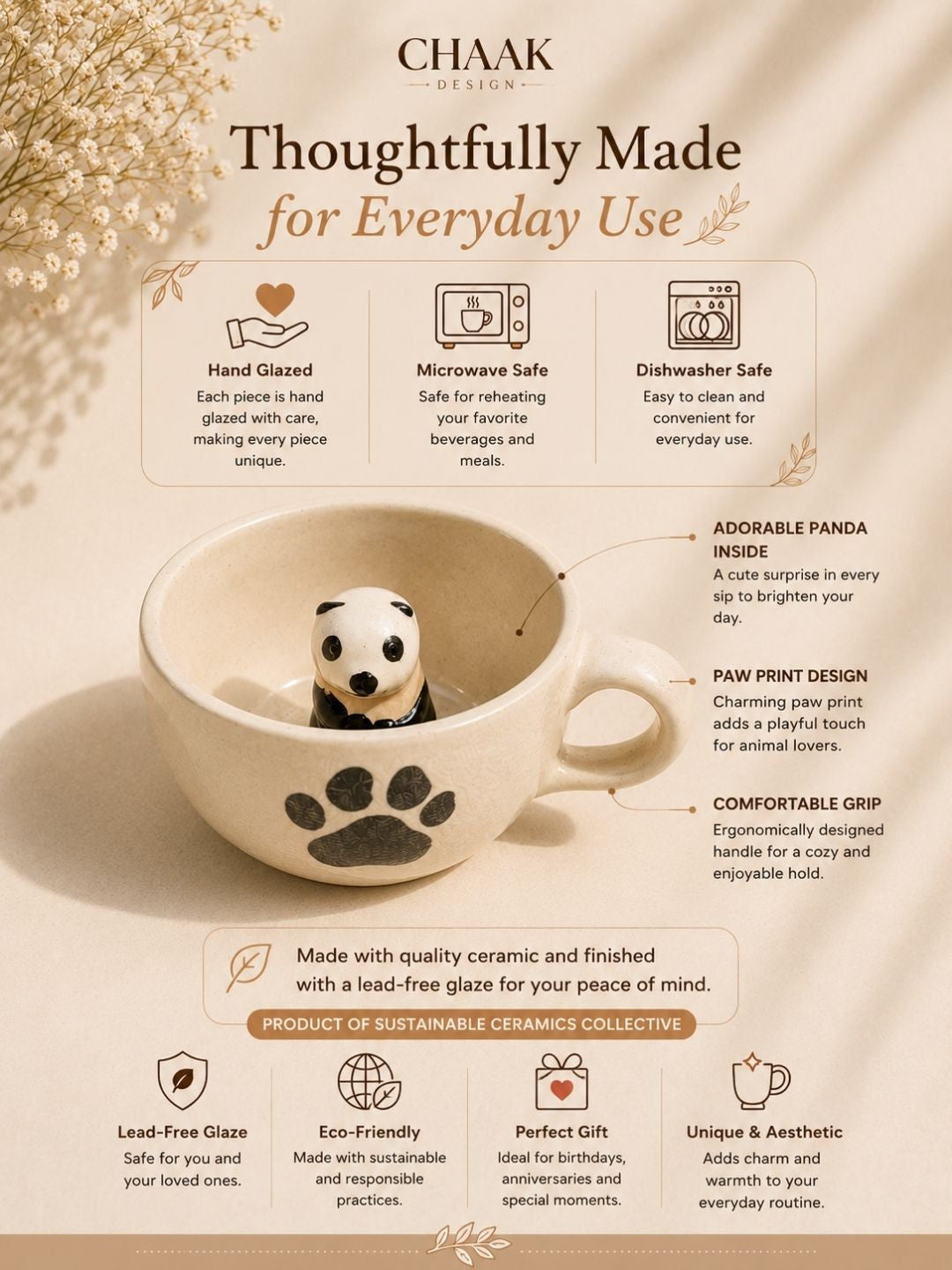 Ceramic cup with panda design and product features on a beige background