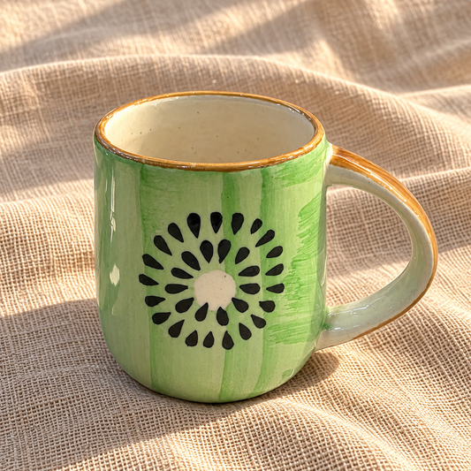 Hand-Painted Kiwi Ceramic Mug | Green Stripe Fruit Coffee & Tea Mug with Orange Rim