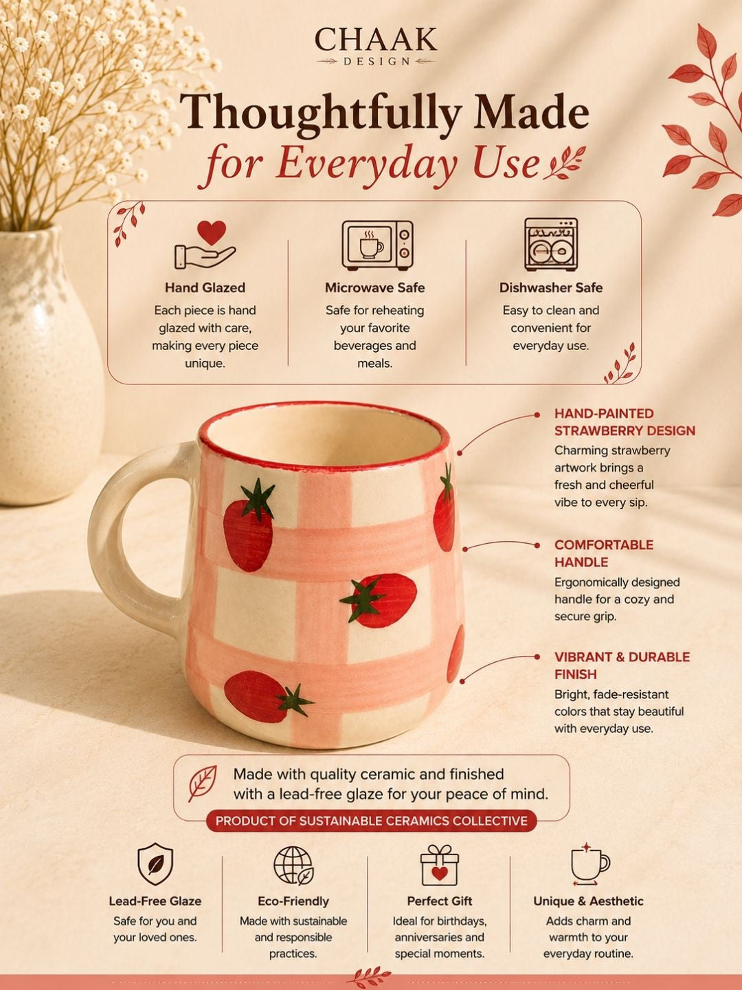 Ceramic mug with strawberry design on a branded background