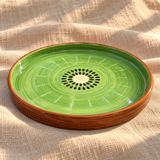 Hand-Painted Kiwi Ceramic Dinner Plate | Green Fruit Slice Plate with Orange Rim