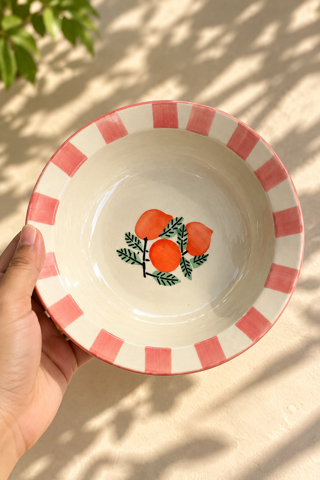 Hand-Painted Orange Ceramic Bowl | Pink Check Rim Cereal, Pasta & Snack Bowl