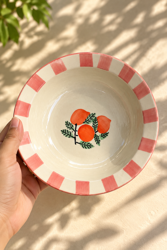 Hand-Painted Orange Ceramic Bowl | Pink Check Rim Cereal, Pasta & Snack Bowl