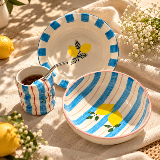 Hand-Painted Lemon Ceramic Breakfast Set | Bubble Tumbler & 2 Bowls | Blue Stripe Mediterranean Tableware