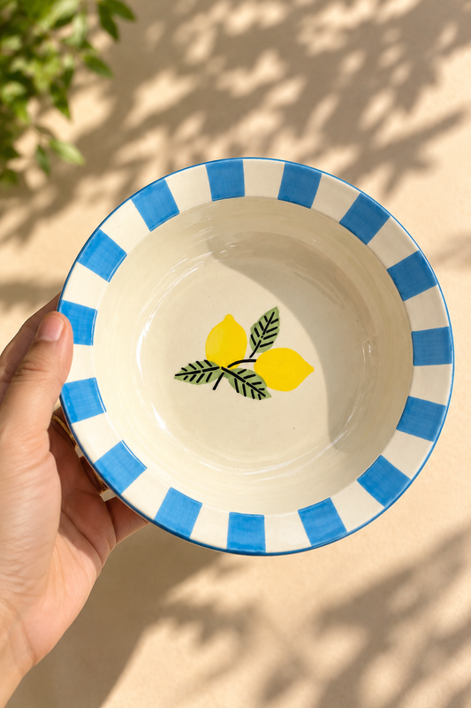 Hand-Painted Lemon Ceramic Bowl | Wavy Blue Stripe, Pasta & Serving Bowl