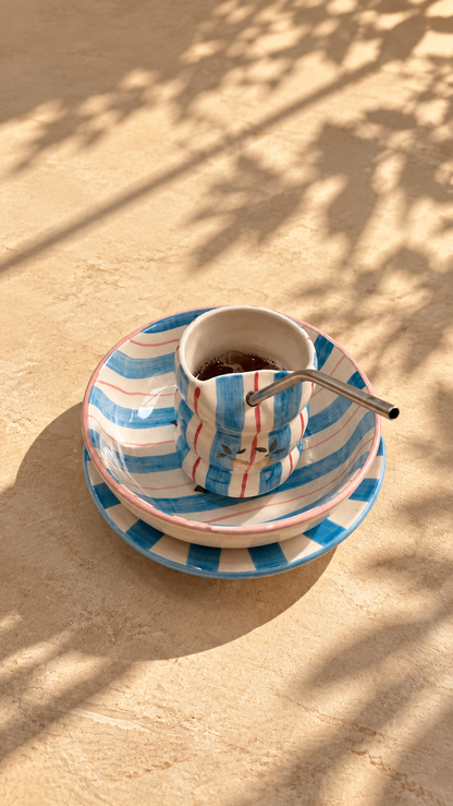 Hand-Painted Lemon Ceramic Breakfast Set | Bubble Tumbler & 2 Bowls | Blue Stripe Mediterranean Tableware