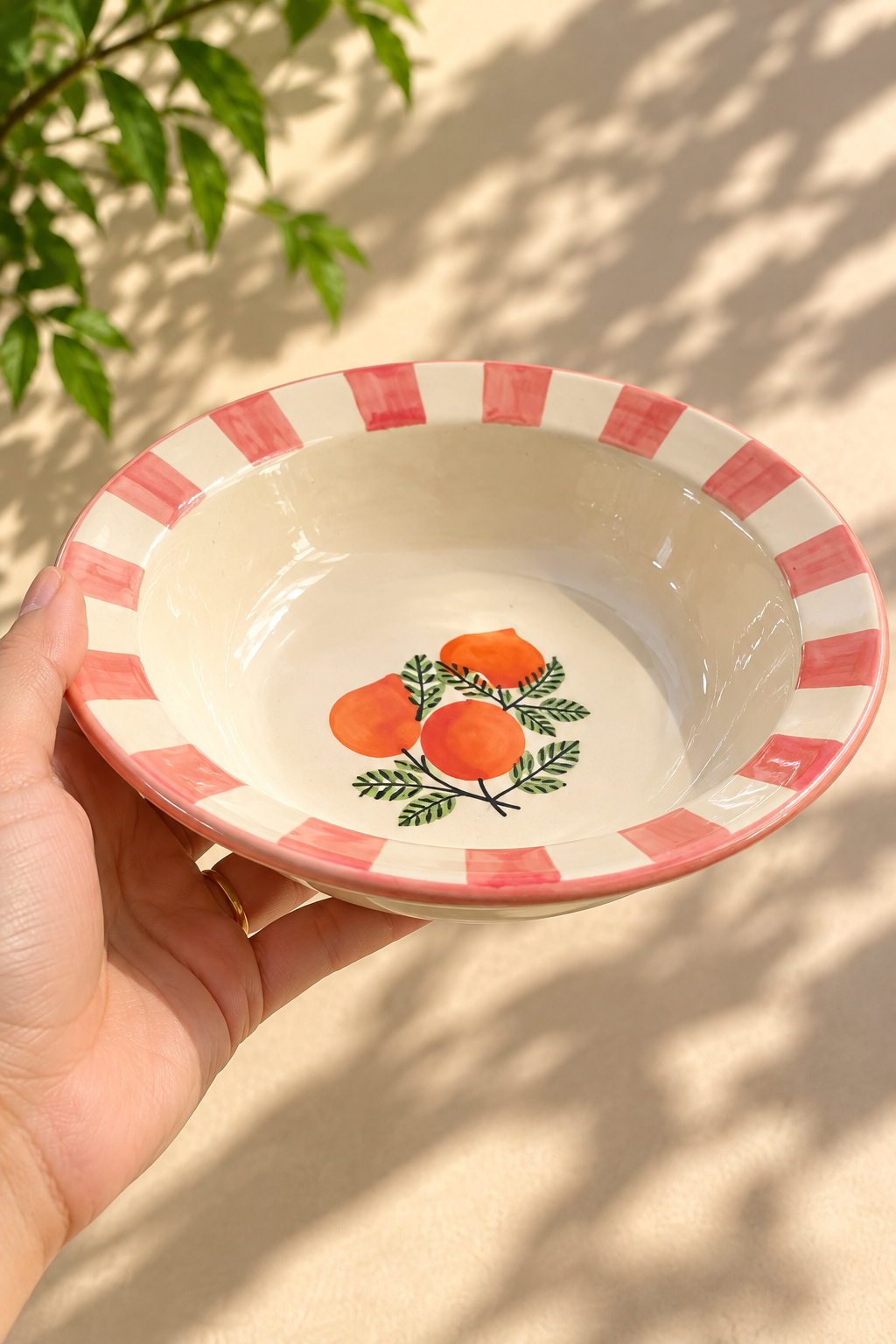 Handcrafted Orange Ceramic Breakfast Set | Mug & Bowl Combo | Hand-Painted Pink Stripe Set