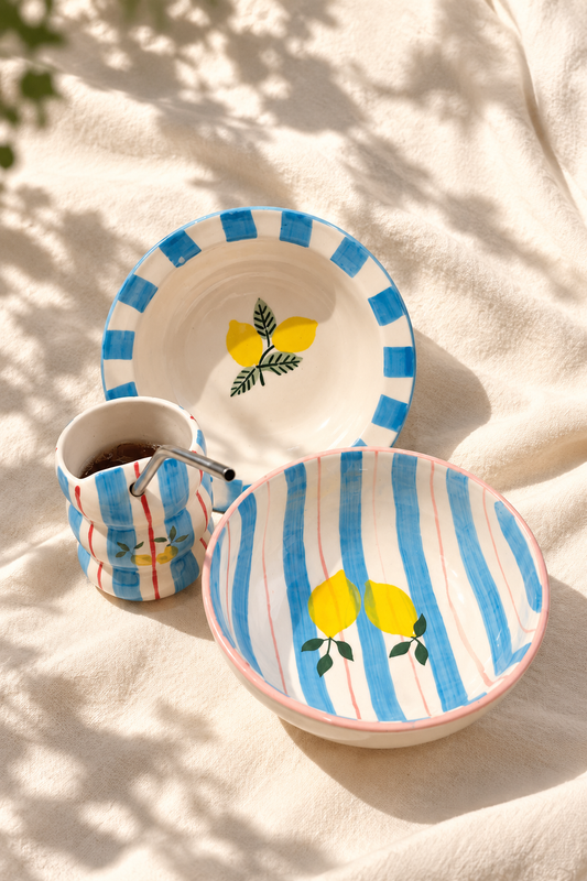 Hand-Painted Lemon Ceramic Breakfast Set | Bubble Tumbler & 2 Bowls | Blue Stripe Mediterranean Tableware