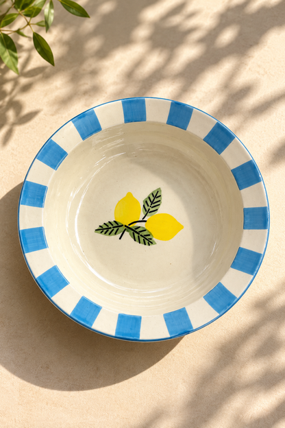 Hand-Painted Lemon Ceramic Breakfast Set | Bubble Tumbler & 2 Bowls | Blue Stripe Mediterranean Tableware