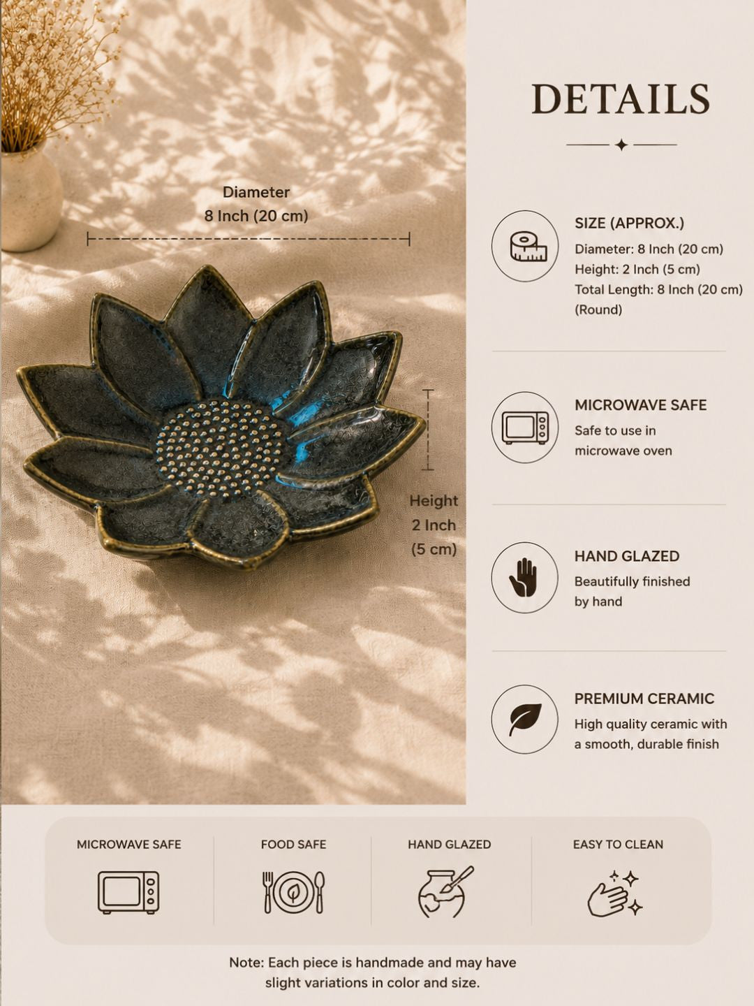 Handcrafted Ceramic Sunflower Serving Bowl | Floral Snack & Dessert Bowl | Artisan Tableware