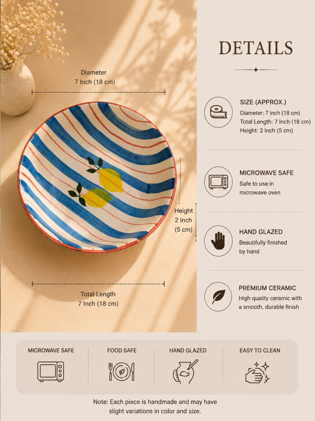 Hand-Painted Lemon Ceramic Serving Bowl | Blue Stripe Salad & Pasta Bowl | Handmade Stoneware Bowl