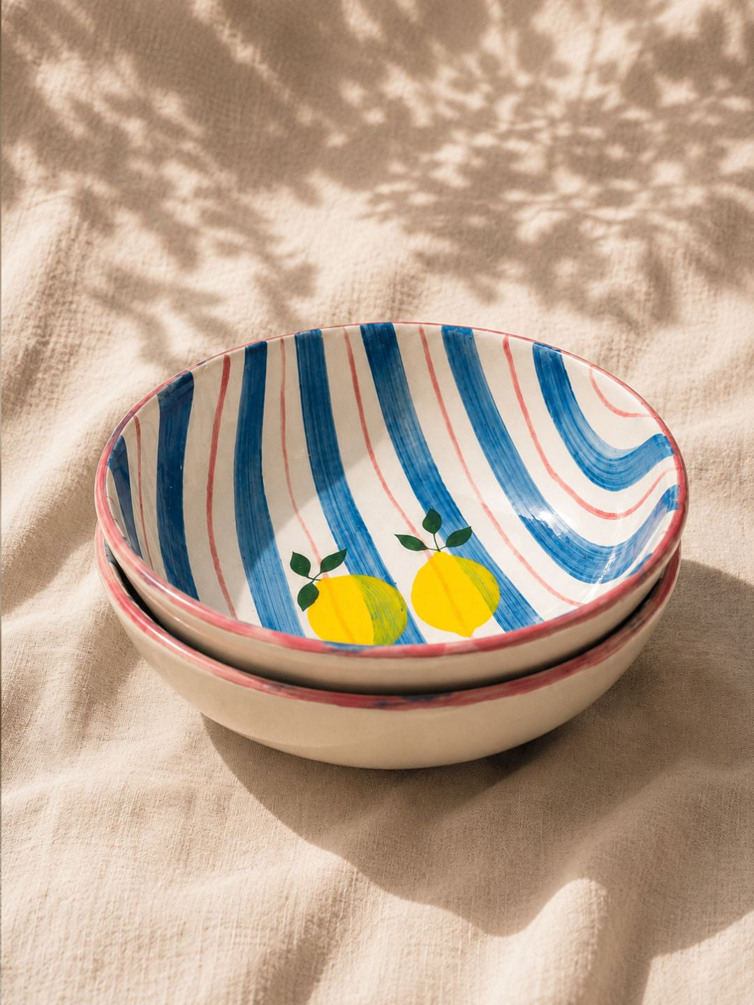 Hand-Painted Lemon Ceramic Serving Bowl | Blue Stripe Salad & Pasta Bowl | Handmade Stoneware Bowl