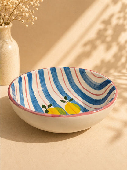 Hand-Painted Lemon Ceramic Serving Bowl | Blue Stripe Salad & Pasta Bowl | Handmade Stoneware Bowl