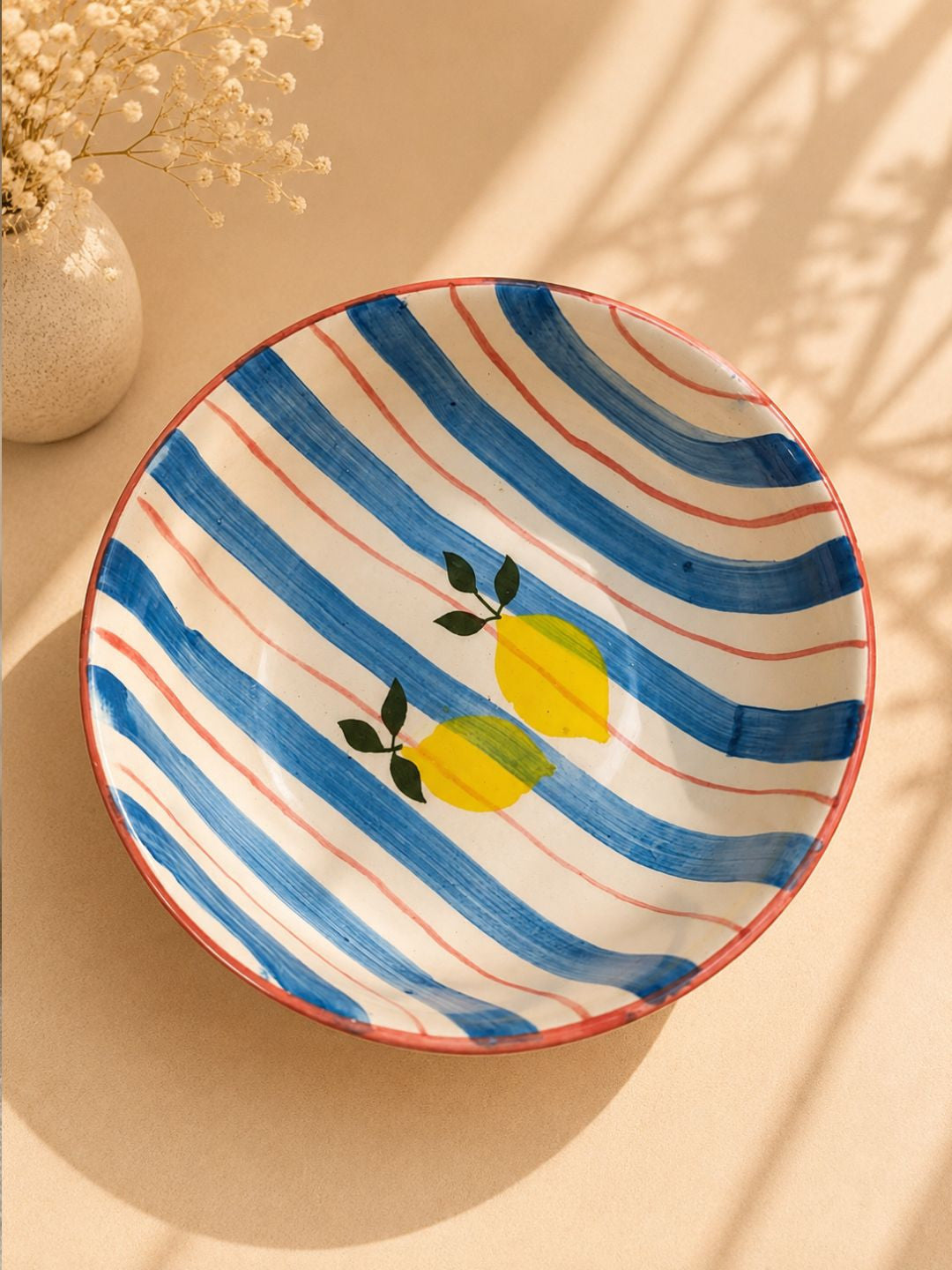 Hand-Painted Lemon Ceramic Serving Bowl | Blue Stripe Salad & Pasta Bowl | Handmade Stoneware Bowl
