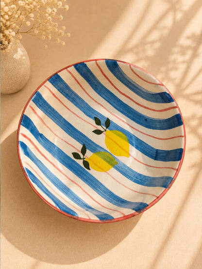 Hand-Painted Lemon Ceramic Serving Bowl | Blue Stripe Salad & Pasta Bowl | Handmade Stoneware Bowl