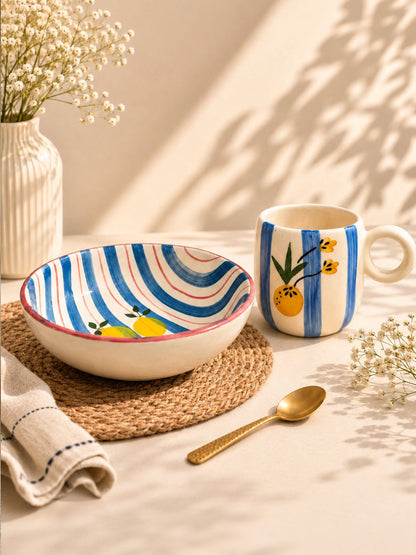 Hand-Painted Lemon Ceramic Serving Bowl | Blue Stripe Salad & Pasta Bowl | Handmade Stoneware Bowl