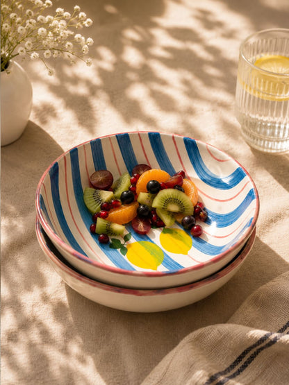Hand-Painted Lemon Ceramic Serving Bowl | Blue Stripe Salad & Pasta Bowl | Handmade Stoneware Bowl