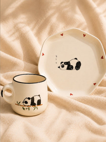 Handcrafted Panda Ceramic Breakfast Set | Mug & Plate Combo | Cute Panda Coffee & Snack Set | Chaak Design