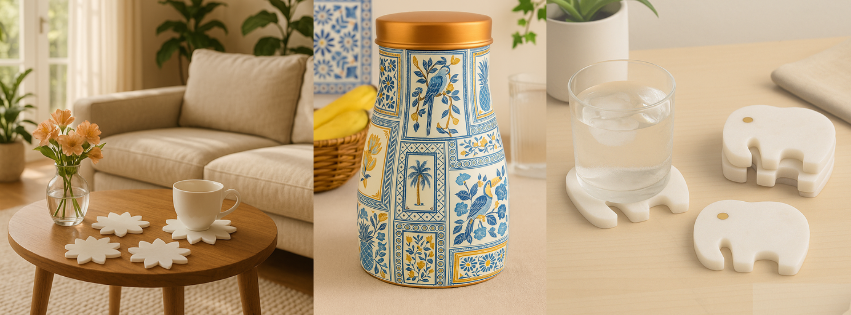 Best home decor handcrafted in India – round marble and wood coasters set, artisan tableware by Chaak Design at budget-friendly prices.