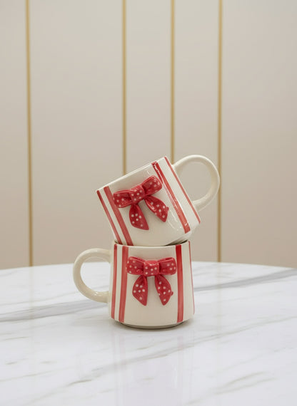 Red Bow Ceramic Mug | Handcrafted Artisan Gift for Tea & Coffee