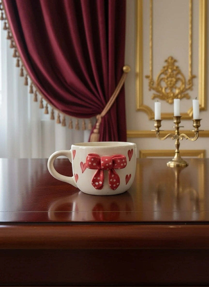 Handcrafted Red Bow Ceramic Mug with Hearts | Artisan Coffee & Tea Cup