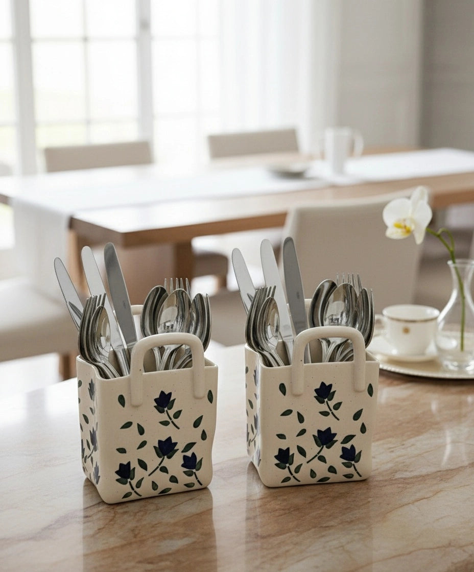 Ceramic Cutlery Holder for Dining | Handcrafted Kitchen Organizer